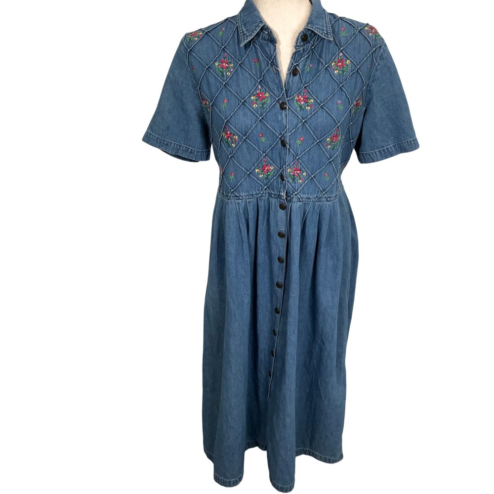 Karin Stevens Dress Womens 12P Blue Embroidered Floral Quilted Midi Denim VTG